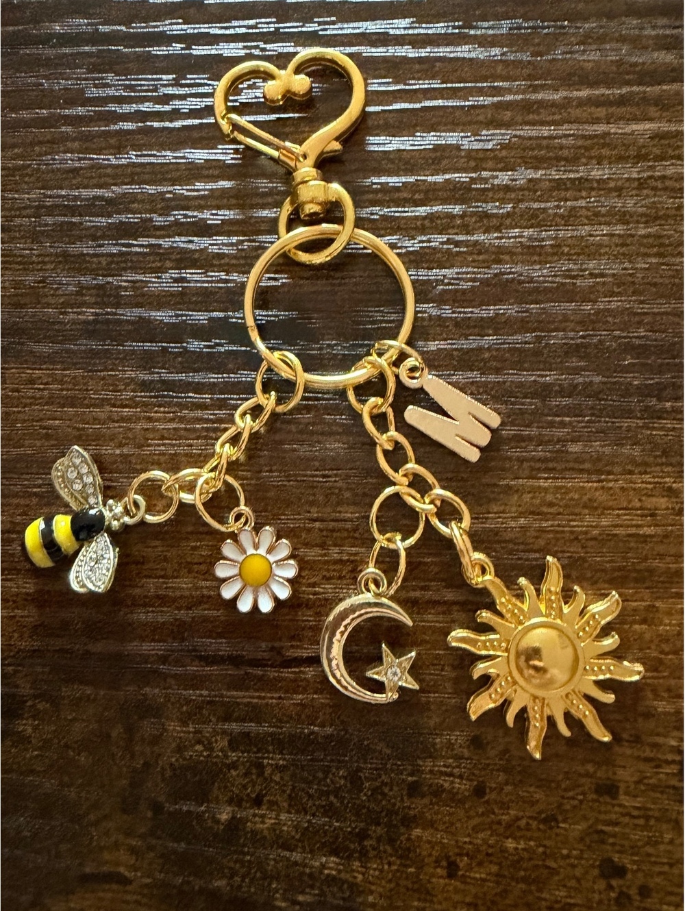 Gold Tone Charm Keychain with Bee, Daisy, Moon, Sun, and Letter‎ M